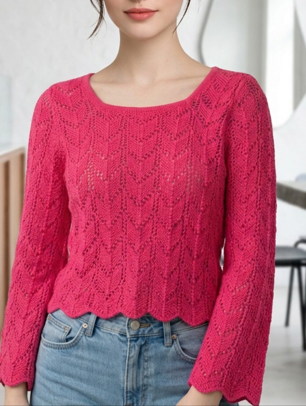 Vintage Y2K Crochet Knit Square Neck Crop Top FairyCore Bell Sleeve Sweater S